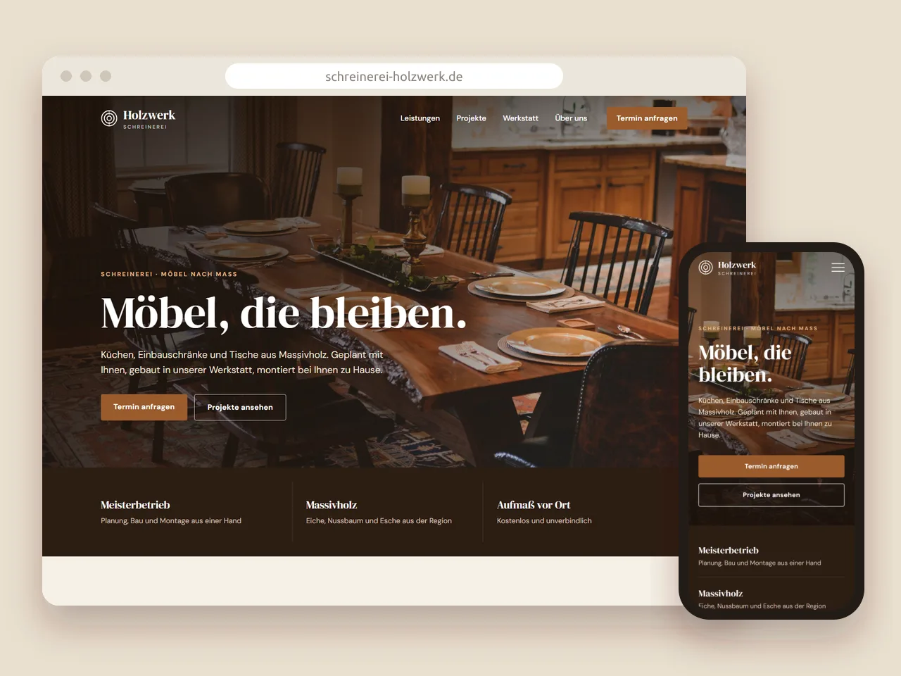 Designstudie: Webseite für die Schreinerei Holzwerk, am Bildschirm und auf dem Handy